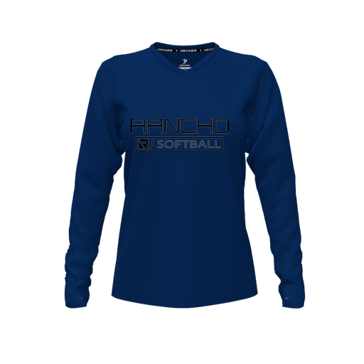 [CUS-DFW-TEES-CMF-VNK-LSL-NVY-FYXS-LOGO1] Decker Comfort T-Shirt (Female Youth XS, Navy, V Neck, Logo 1, Long Sleeve)