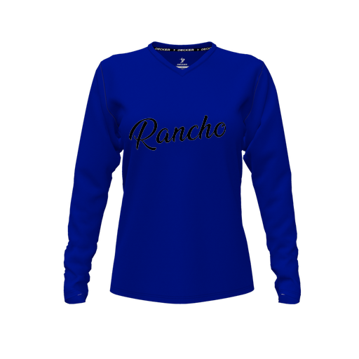 [CUS-DFW-TEES-CMF-VNK-LSL-RYL-FYXS-LOGO2] Decker Comfort T-Shirt (Female Youth XS, Royal, V Neck, Logo 2, Long Sleeve)