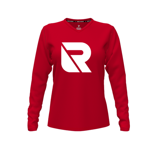 [CUS-DFW-TEES-CMF-VNK-LSL-RED-FYXS-LOGO3] Comfort T-Shirt (Female Youth XS, Red, V Neck, Logo 3, Long Sleeve)