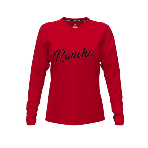 [CUS-DFW-TEES-PER-VNK-LSL-RED-FYXS-LOGO2] Performance T-Shirt (Female Youth XS, Red, V Neck, Logo 2, Long Sleeve)